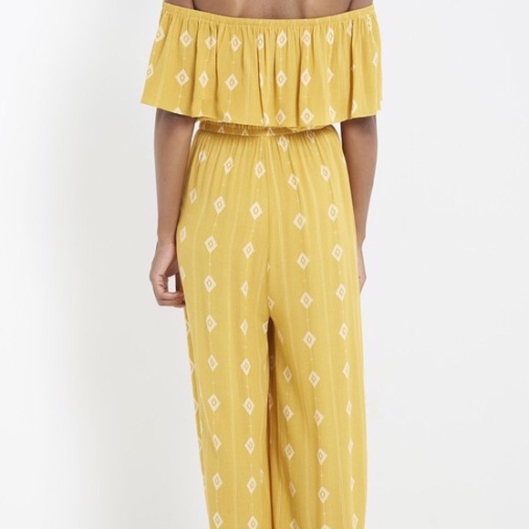 Mustard Boho Off Shoulder Diamond Print Jumpsuit - Picture 4 of 5